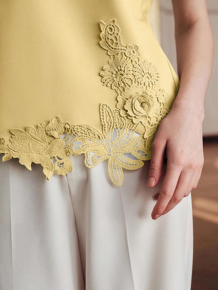 CM-TS332464 Women Elegant Seoul Style Round Neck Short Sleeve Lace Patchwork 3D Embroidered Floral Knit T-Shirt - Yellow