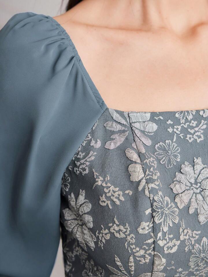 CM-DS952331 Women Casual Seoul Style Jacquard Patchwork Split Hem Lantern Sleeve Dress
