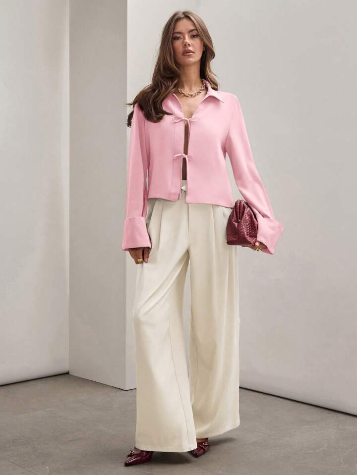 CM-TS885573 Women Trendy Bohemian Style Shirt Collar Front Tie Long Sleeve Shirt - Pink