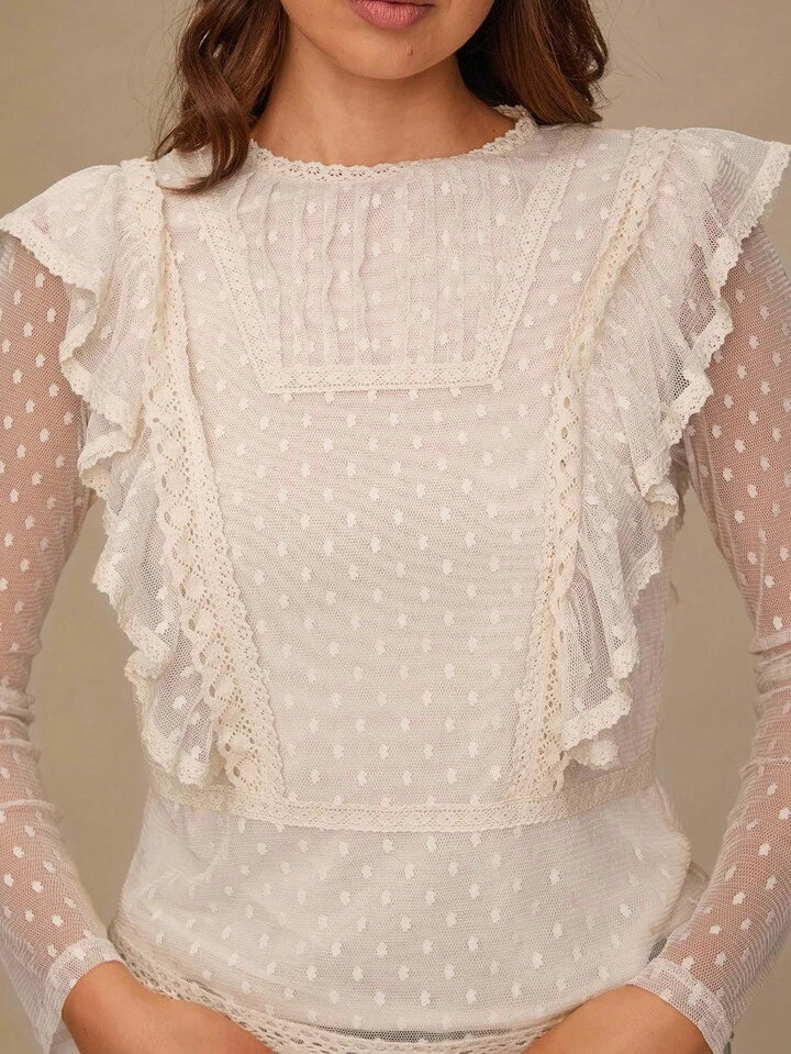 CM-TS990346 Women Elegant Seoul Style Round Neck Long Sleeve Mesh Patchwork Ruffle Trim Blouse - Apricot