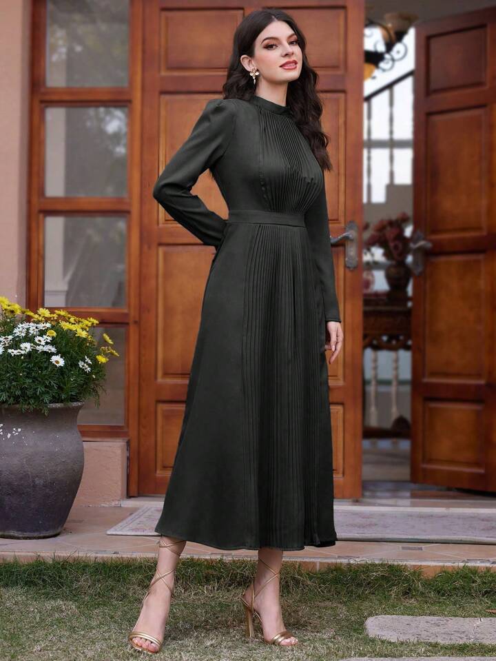 CM-DS256399 Women Elegant Seoul Style Pleated Waist Cinched Long Sleeve Maxi Dress - Black