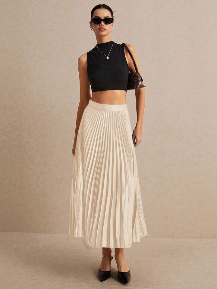 CM-BS060690 Women Elegant Seoul Style High Waist Solid Pleated Skirt - Apricot