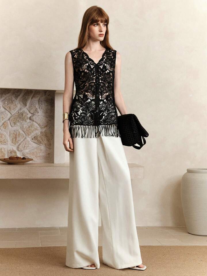 CM-TS197853 Women Elegant Seoul Style Lace Hollow Out V-Neck Splice Tassel Sleeveless Open Cover Up Top - Black
