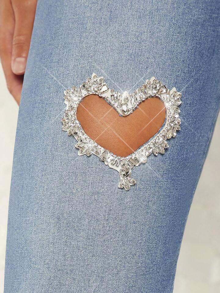 CM-BS655119 Women Casual Seoul Style High Waist Ripped Straight Leg Jeans With Rhinestone Heart Cut Out