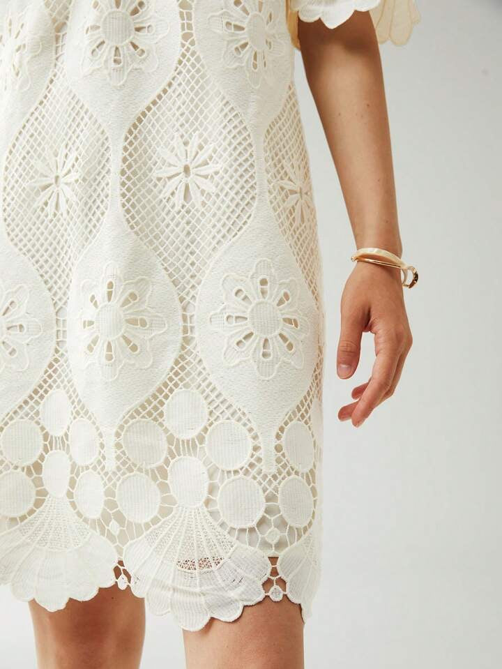 CM-DS811995 Women Elegant Seoul Style Round Neck Half Sleeve Lace Overlay Dress - Apricot
