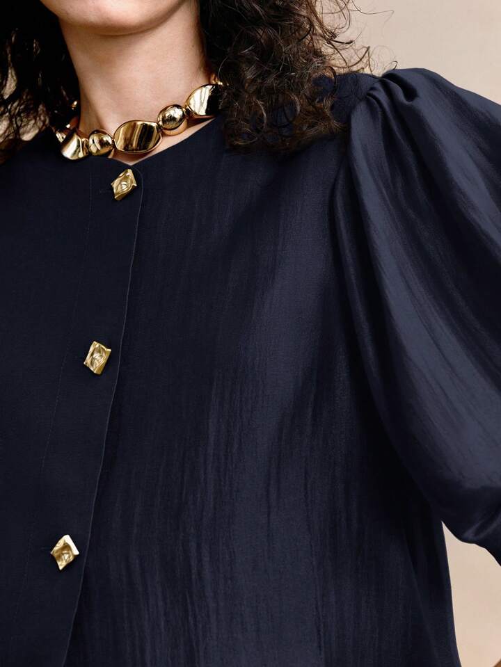 CM-TS037439 Women Elegant Seoul Style Satin Round Neck Puff Sleeve Golden Metal Button Decor Blouse - Navy Blue