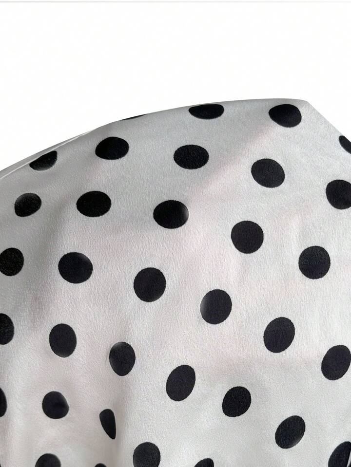 CM-TS397001 Women Casual Seoul Style Satin Square Neck Short Gathered Sleeve Polka Dot Slim Fit Peplum Blouse - White
