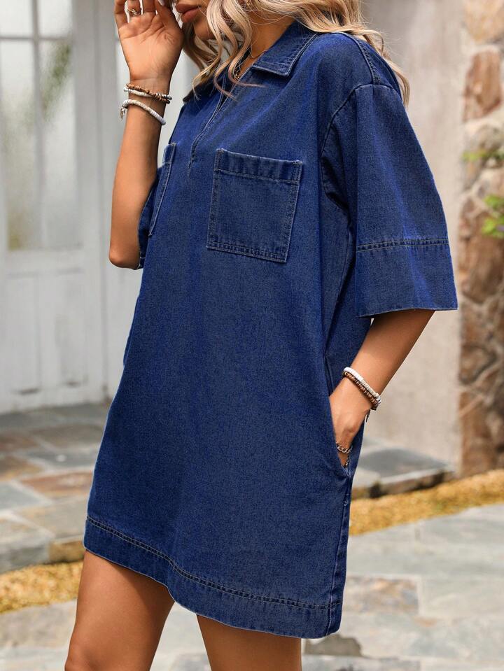 CM-DS279478 Women Casual Seoul Style Dark Wash Collar Neckline Short Sleeve Denim Dress
