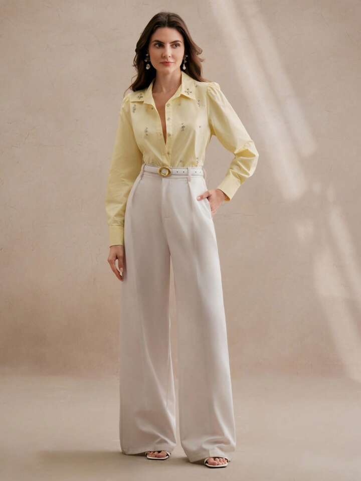 CM-TS115884 Women Elegant Seoul Style Long Sleeve Rhinestone Button Blouse - Yellow