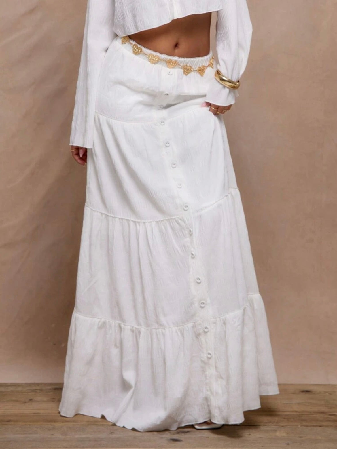 CM-BS100100 Women Trendy Bohemian Style Textured Woven Tiered Maxi Ski