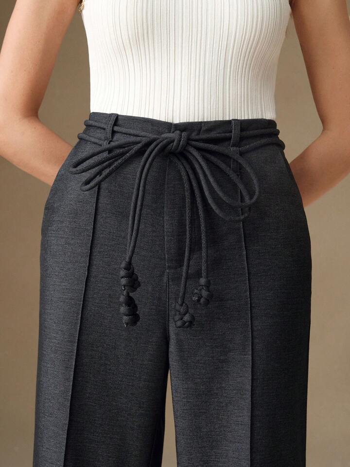 CM-BS432631 Women Casual Seoul Style High Waist Tie Belted Wide Leg Flare Palazzo Trousers