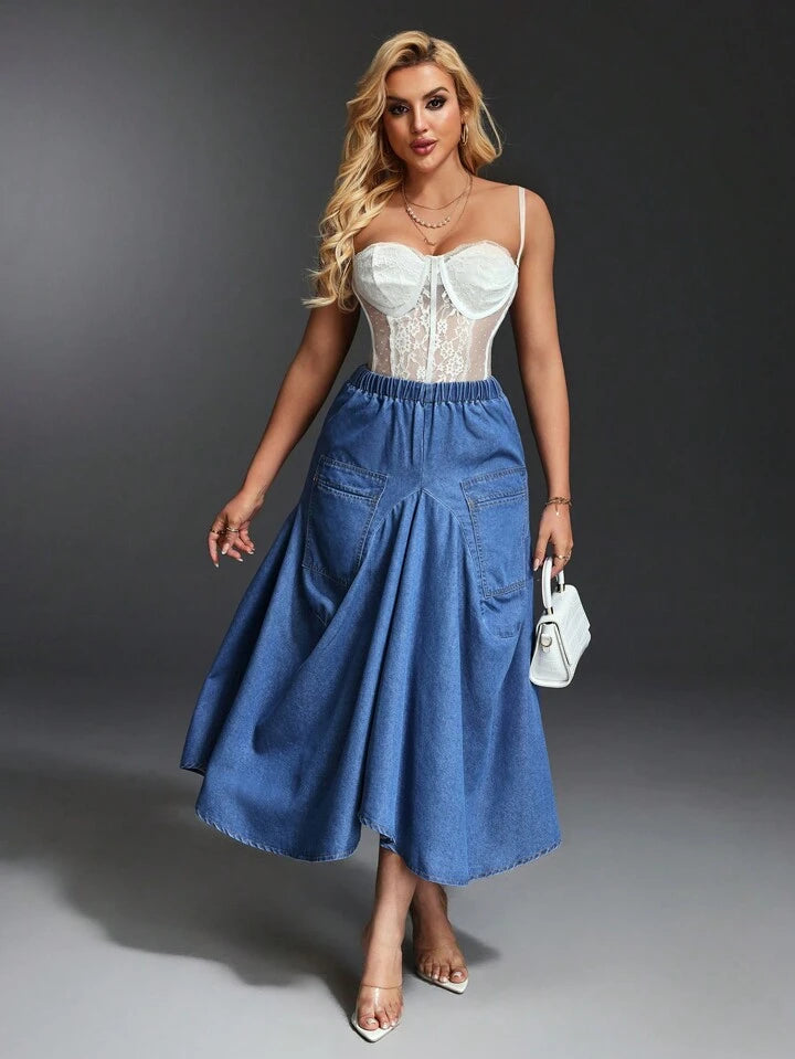 CM-BS176108 Women Casual Seoul Style Elastic Waist Long Loose Denim A-Line Denime Skirt - Blue