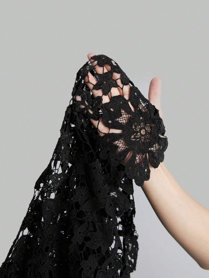 CM-TS336051 Women Casual Seoul Style Stand Collar Short Sleeve Lace Hollow Out Shirt - Black