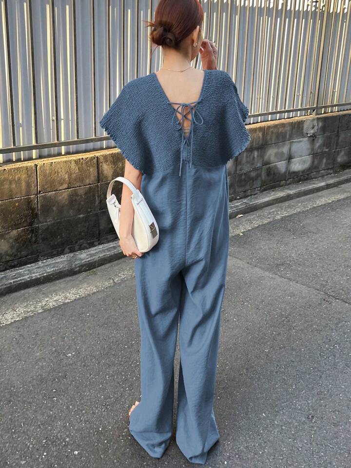 CM-JS656536 Women Trendy Bohemian Style V-Neck With Drawstring Jumpsuit Trousers - Blue