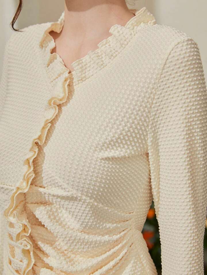 CM-TS614161 Women Casual Seoul Style V-Neck Long Sleeve Ruffle Trim Shirt - Apricot