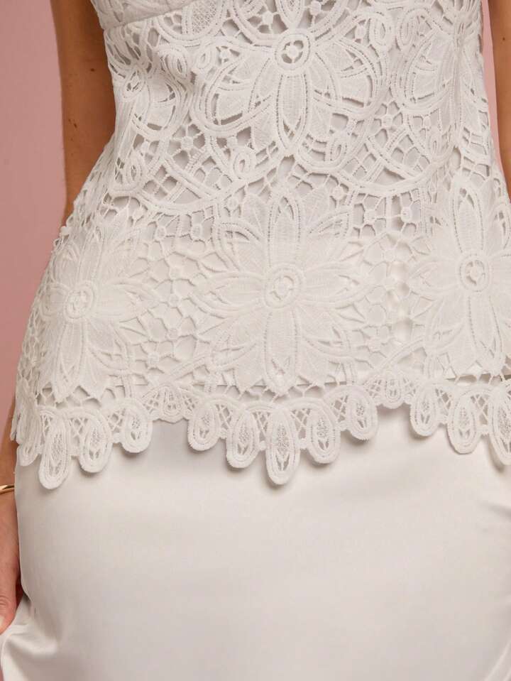 CM-TS216444 Women Elegant Seoul Style Lace Spaghetti Strap Cold Shoulder Cami Top - White