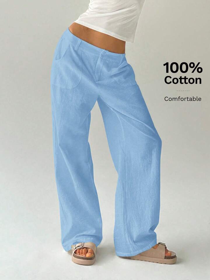 CM-BS214435 Women Casual Seoul Style Solid Color Low Waist Loose Straight Leg Pants - Blue