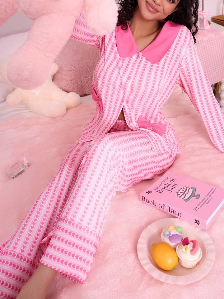 CM-LS699637 Women Trendy Seoul Style Heart Stripe Bow Decor T-Shirt With Long Pants Pajama Set