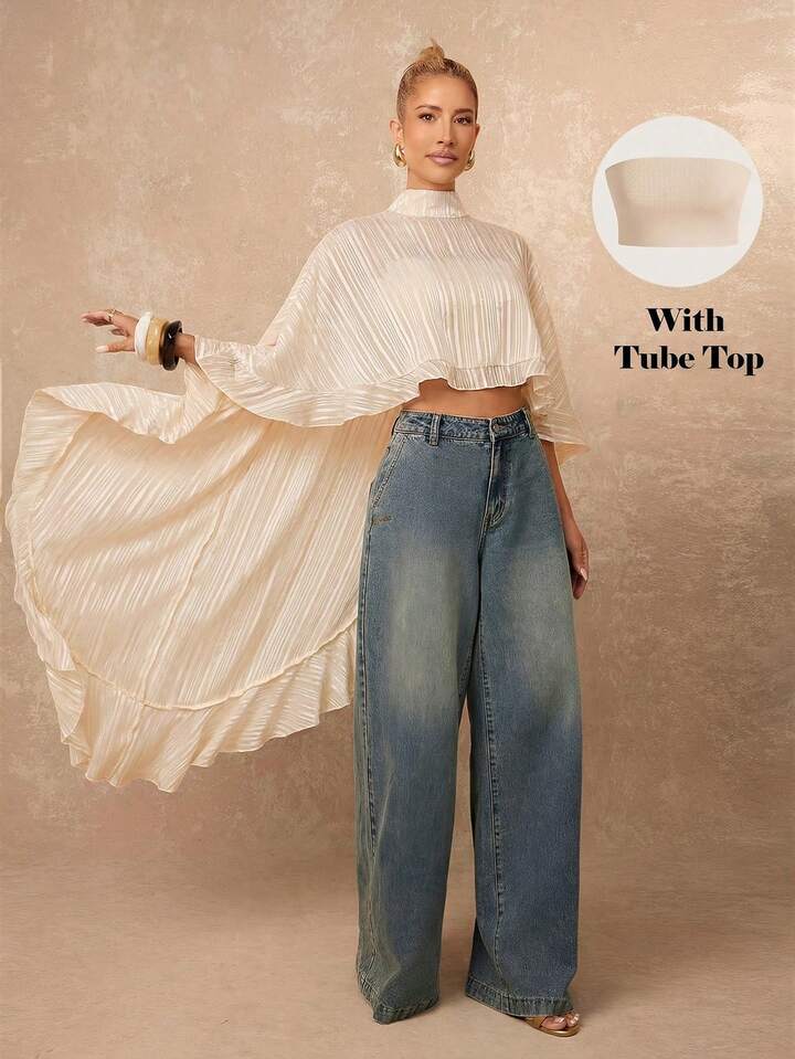 CM-TS246700 Women Casual Seoul Style Asymmetric Ruffle Hem Loose Collar Shawl Blouse - Apricot