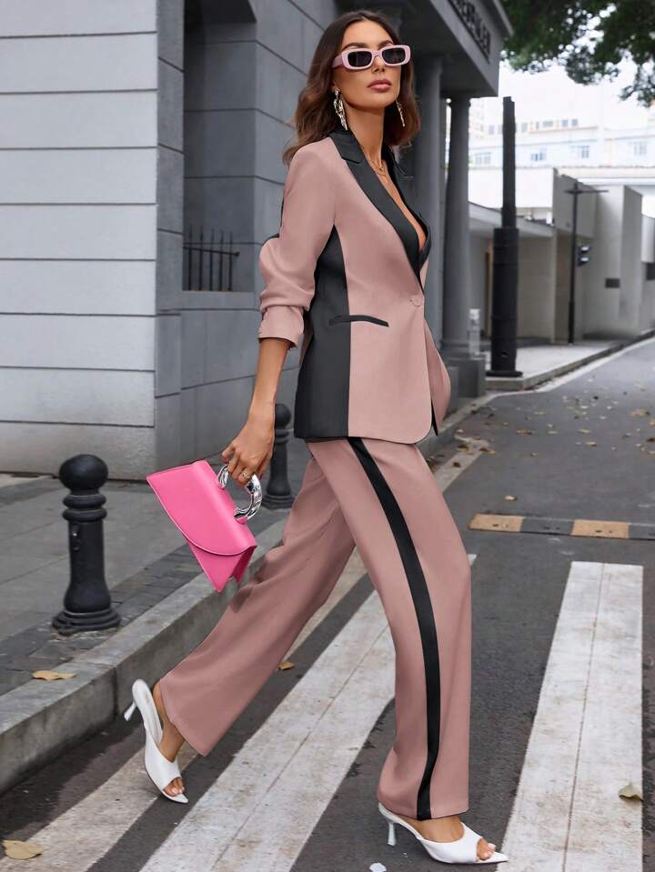CM-SS924590 Women Elegant Seoul Style Contrast Color Lapel Neckline Long Sleeve Blazer With Suit Pants - Set