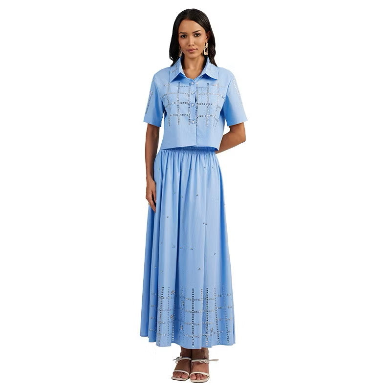 CM-SY044424 Women Elegant European Style Lapel Neckline Short Sleeve Shirt With Long Skirt - Set