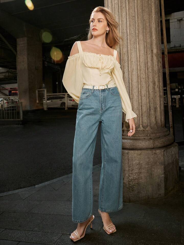 CM-TS221233 Women Elegant Seoul Style Tie Front Off-Shoulder Collared Shirt - Beige