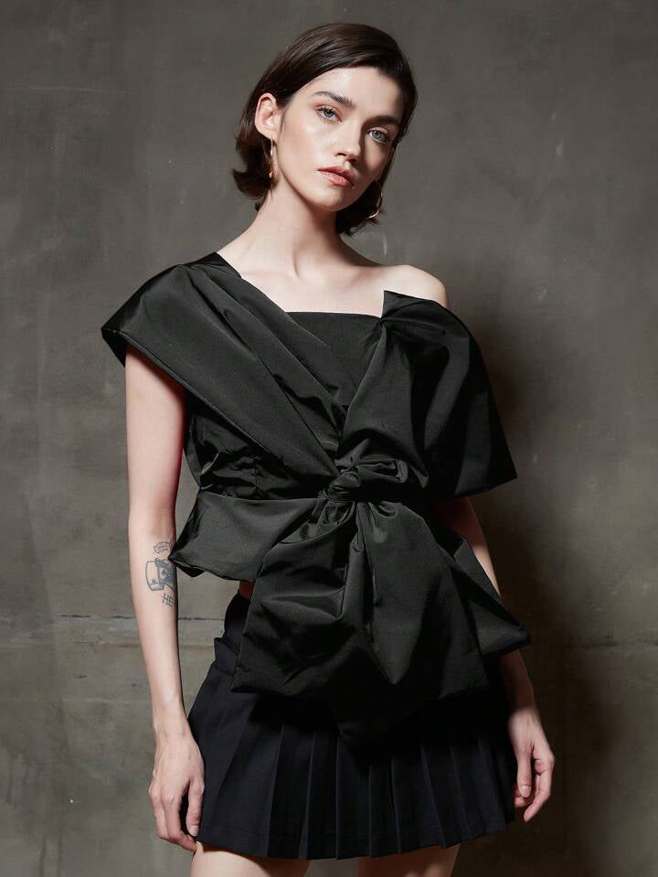 CM-TS619059 Women Casual Seoul Style Front Bow Asymmetrical Collar Blouse - Black