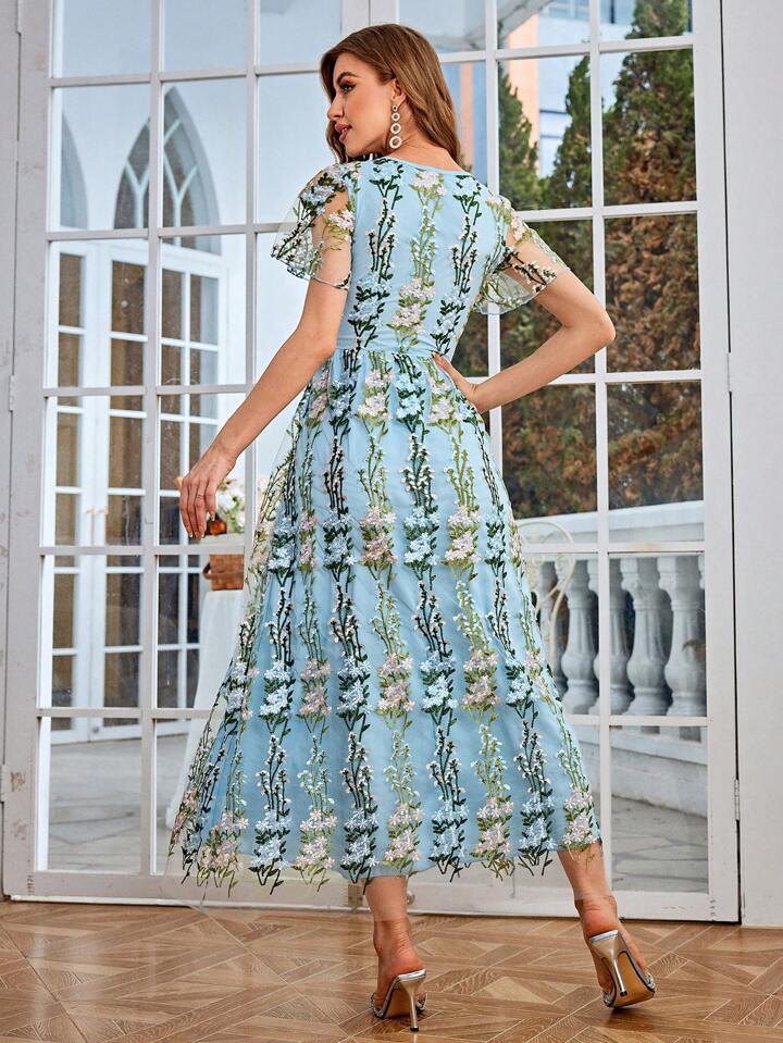 CM-DS605310 Women Trendy Bohemian Style V-Neck Sleeveless Floral Embroidery Belted Dress - Blue