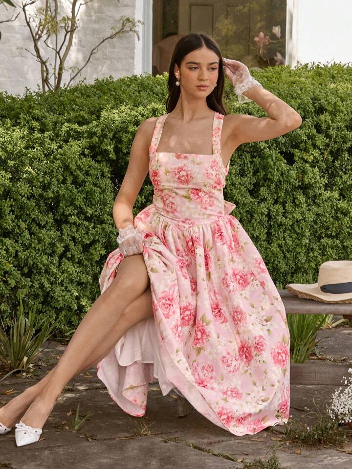 CM-DS532932 Women Elegant Seoul Style Floral Print Sleeveless Big Bowknot Backless Long Dress