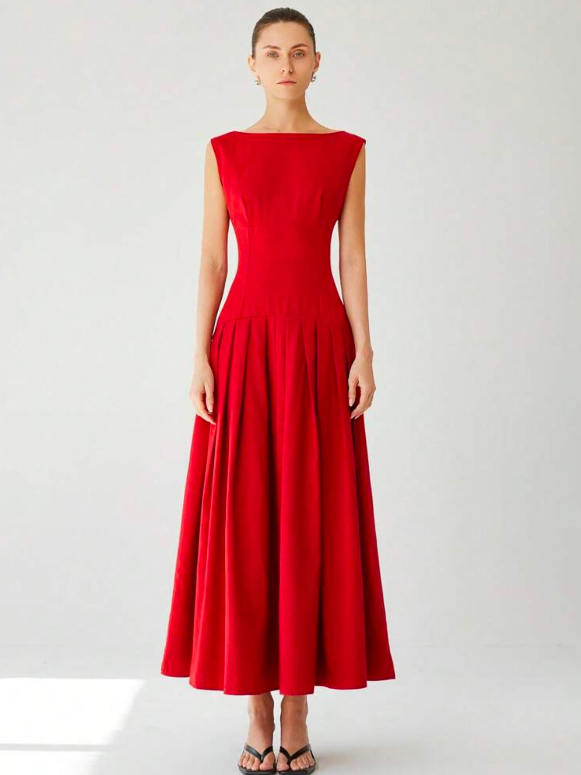 CM-DS552576 Women Elegant Seoul Style Boat Neck Sleeveless Ruched Low-Waist Ruffled Hem Maxi Dress - Red