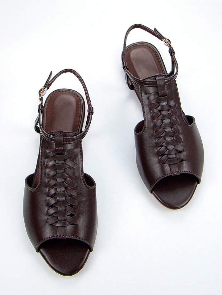 CM-SHS446476 Women Trendy Seoul Style Crinkled Faux Leather Hollow Out Peep Toe Ankle Strap Flat Sandals - Chocolate Brown