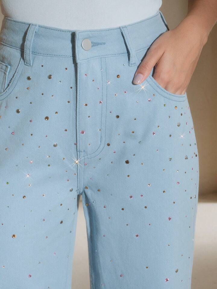CM-BS558347 Women Casual Seoul Style Mid Waist Rhinestoned Decor Straight Leg Jeans - Blue