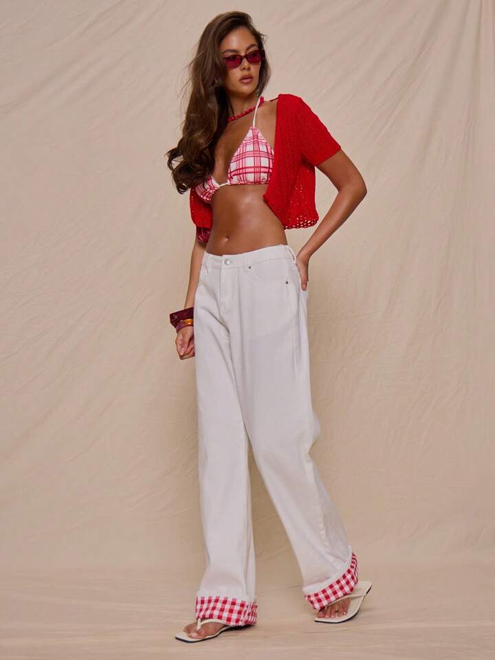 CM-BS465535 Women Casual Seoul Style Mid Rise Turn Up Hem Gingham Straight Leg Denim Jeans - White