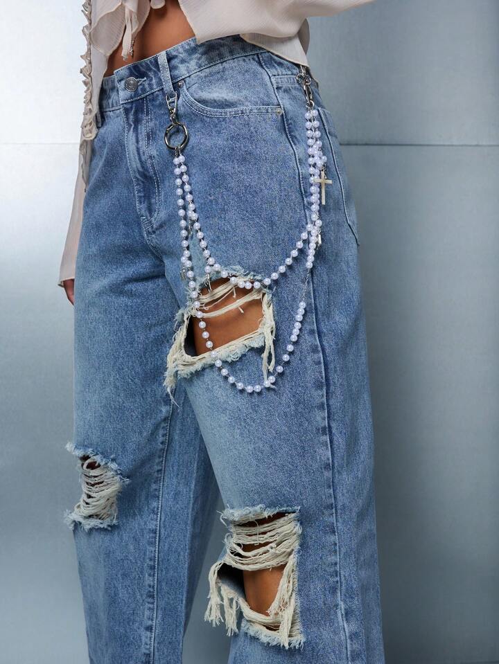 CM-BS963933 Women Casual Seoul Style Distressed Wide Leg Baggy Denim Jeans - Blue