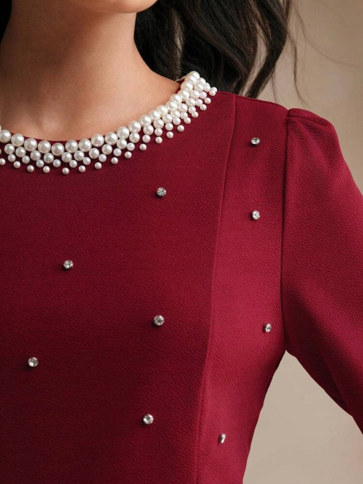 CM-DS243828 Women Elegant Seoul Style Rhinestone Pearl Decor Round Neck Long Sleeve Waisted Dress