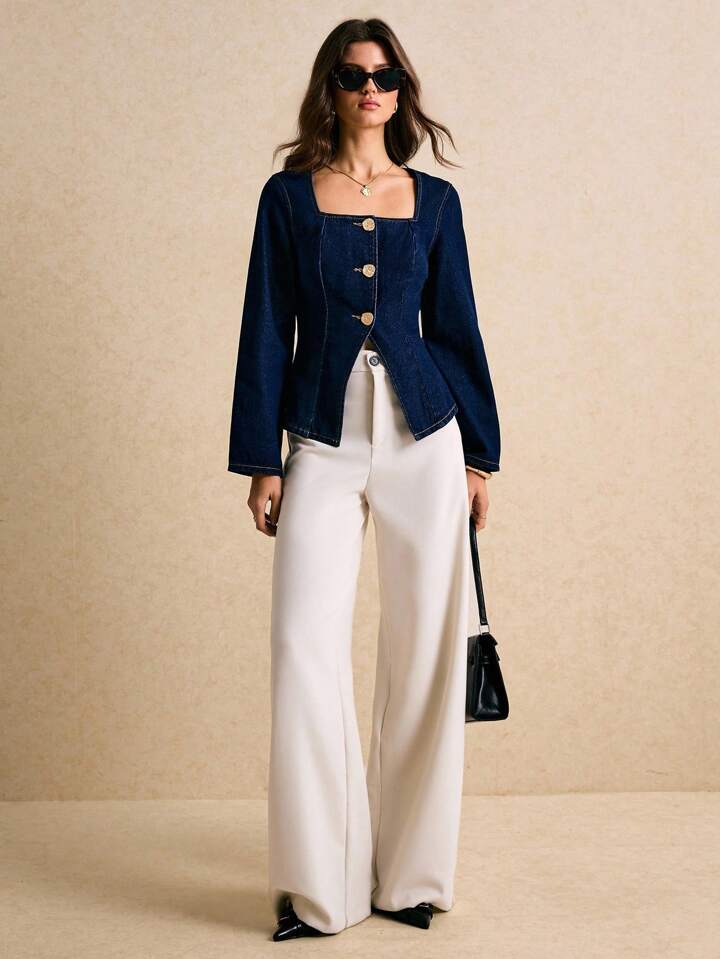 CM-TS629341 Women Elegant Seoul Style Dark Wash Square Neck Long Sleeve Single-Breasted Denim Top