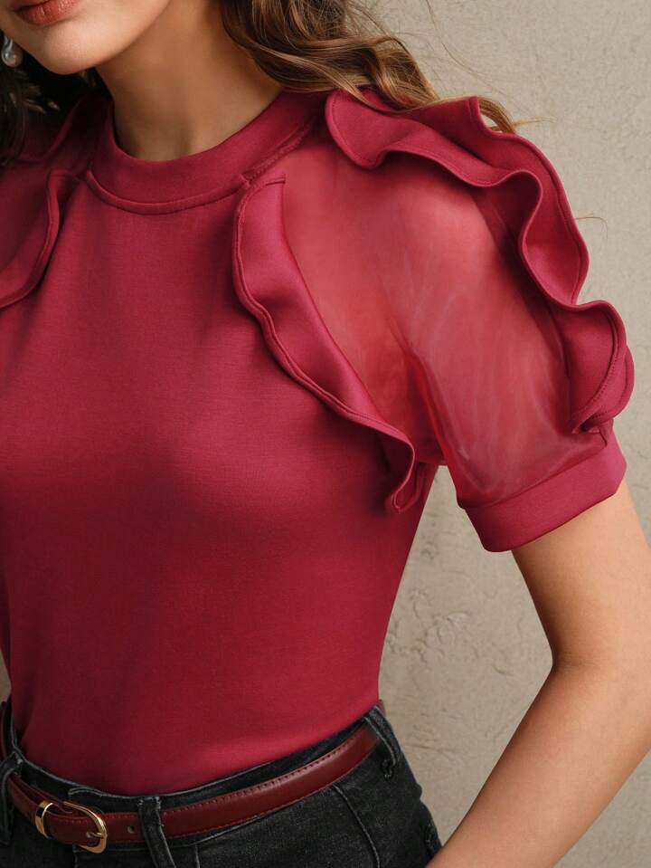 CM-TS571561 Women Elegant Seoul Style Round Neck Ruffle Trim Fitted Short Sleeve T-Shirt - Red