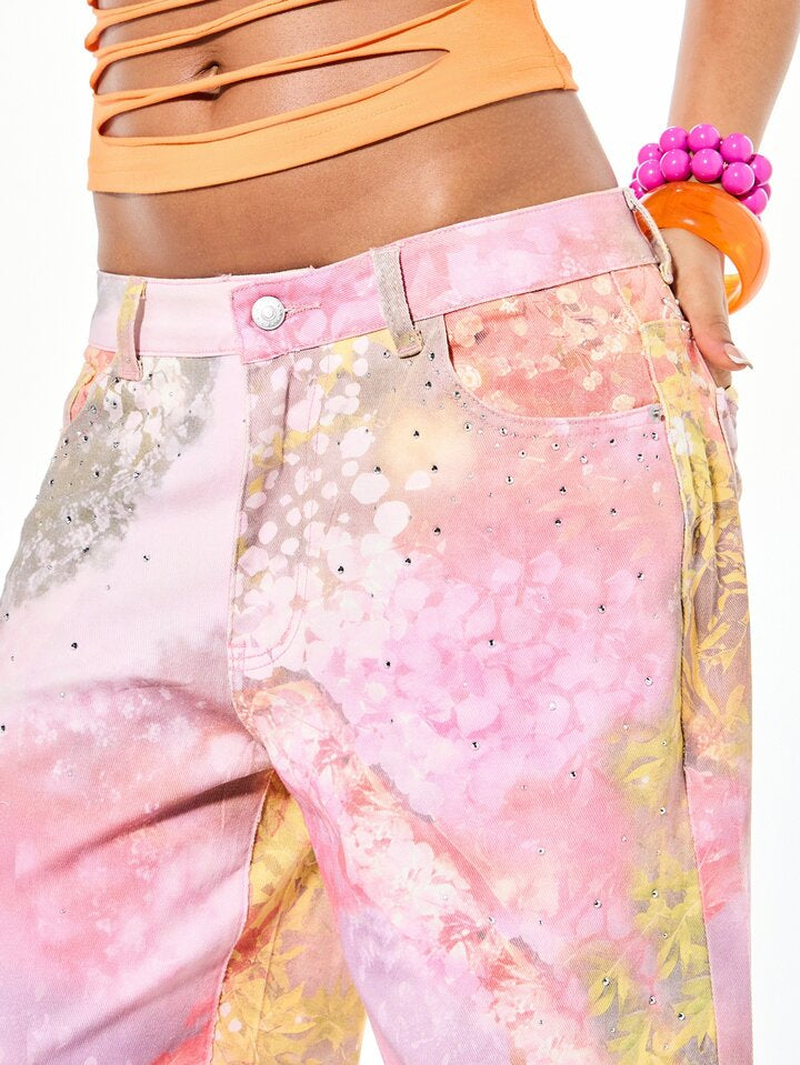 CM-BS700276 Women Casual Seoul Style Low Rise Watercolor Floral All-Over Print Denim Wide Leg Jeans - Pink