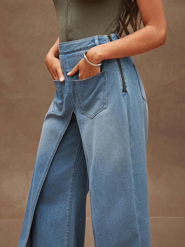 CM-BS954292 Women Casual Seoul Style Medium Wash Loose Fit Pocket Covered Wide Leg Jeans