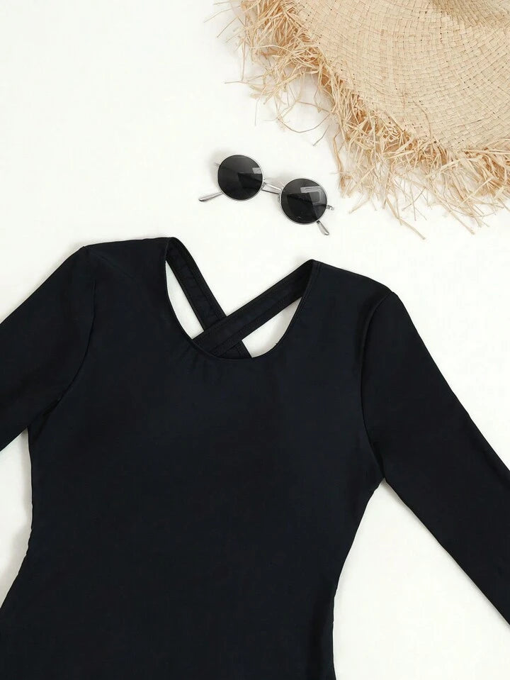 CM-SWS212234 Women Trendy Seoul Style Crossed-Hollow Out Back One-Piece Swimsuit - Black