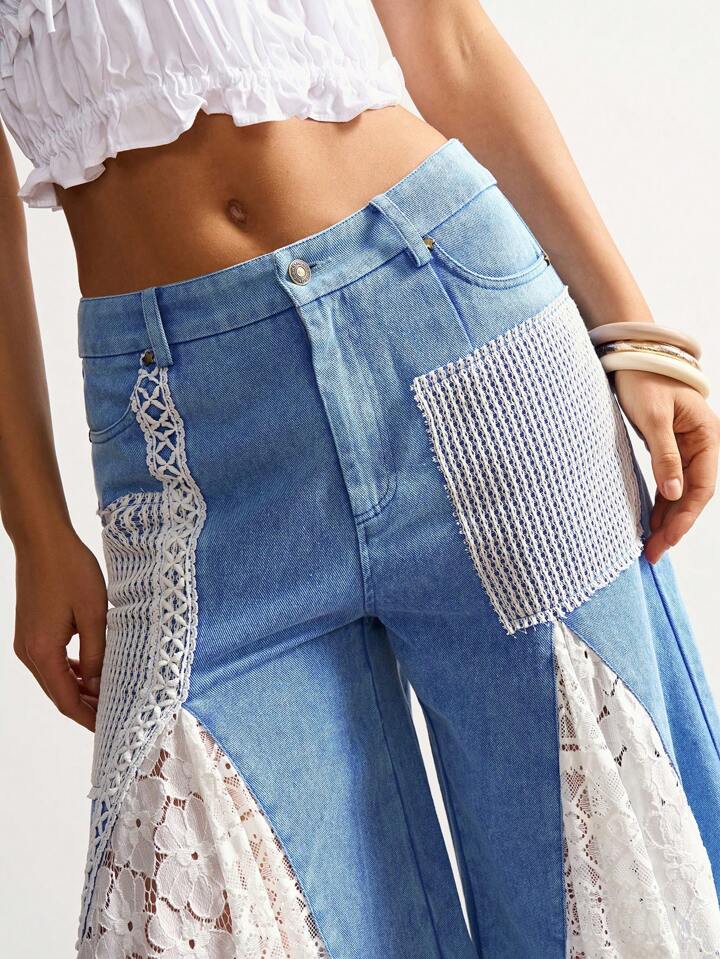 CM-BS125562 Women Trendy Bohemian Style Solid Color Mid-Waist Lace Wide Leg Palazzo Pants - Blue