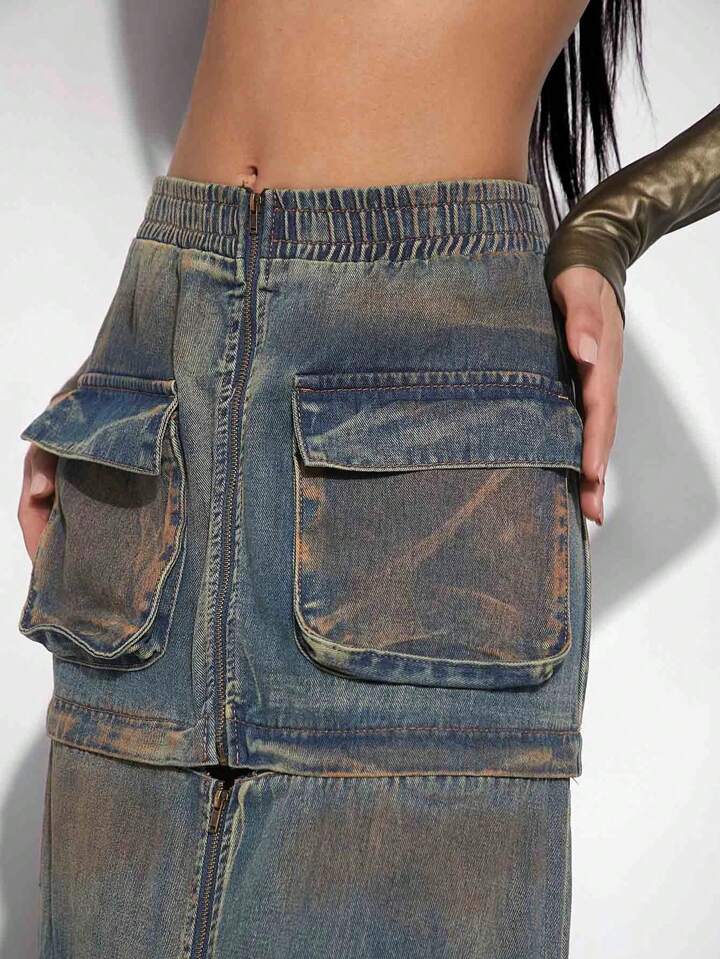 CM-BS199557 Women Preppy Seoul Style High Waist Loose Denim Tooling Pocket Skirt