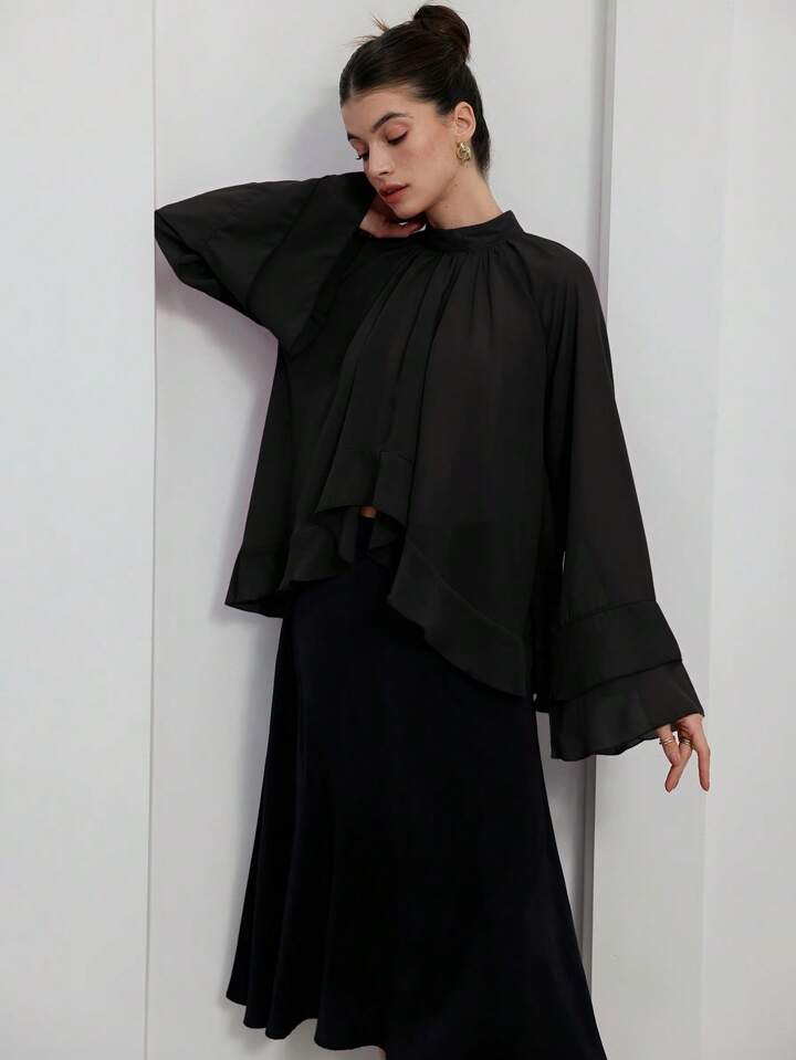 CM-TS617386 Women Casual Seoul Style Stand Collar Long Sleeve Chiffon Cascading Ruffled Blouse - Black