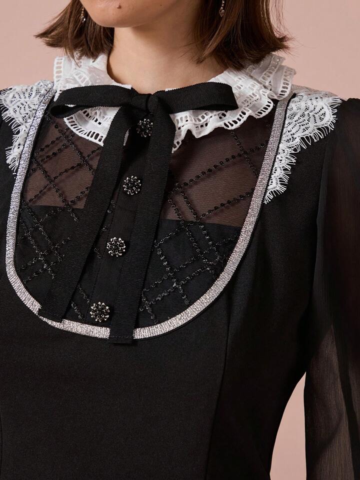 CM-DS402412 Women Elegant Seoul Style Bow Tie Gem Buttons Decor Lace Sequin Long Sleeves Mini Dress