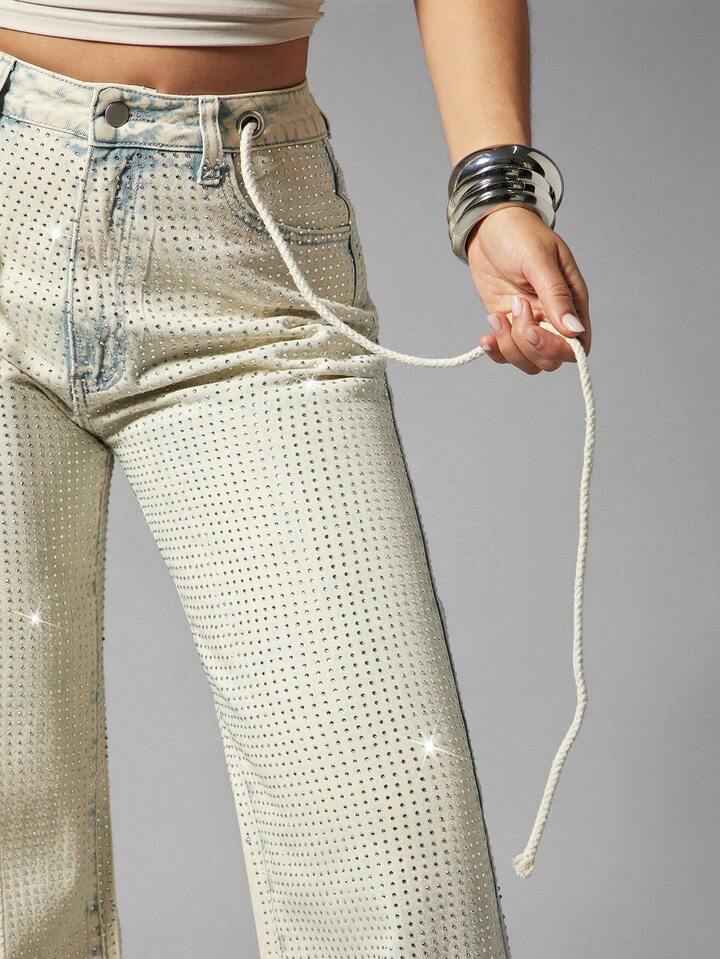 CM-BS239454 Women Elegant Seoul Style High Waist Pocketed Button Rhinestone Embellished Wide Leg Jeans