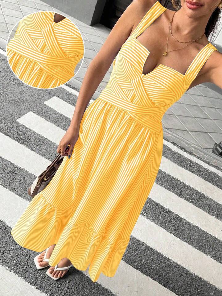 CM-DS108061 Women Trendy Bohemian Style V-Neck Sleeveless Striped Criss-Cross Dress - Yellow