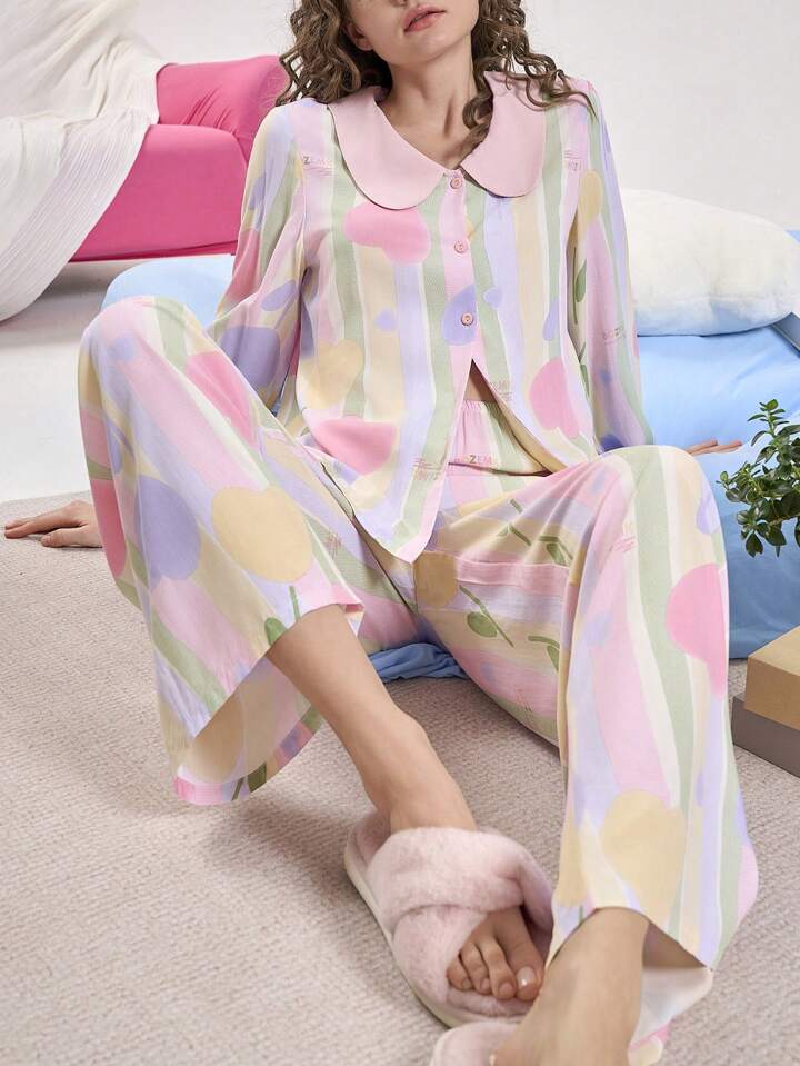 CM-LS781128 Women Trendy Seoul Style Striped Heart Print Long Sleeve Top With Pants Pajama Set