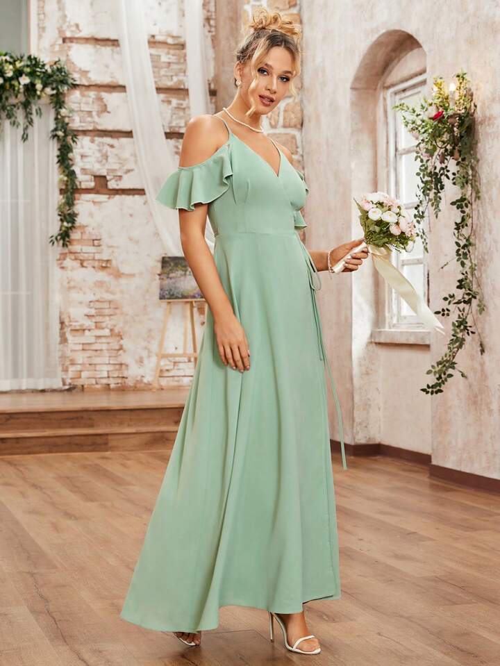 CM-DS684880 Women Elegant Seoul Style Off-Shoulder Wrap Front Knotted Dress - Green