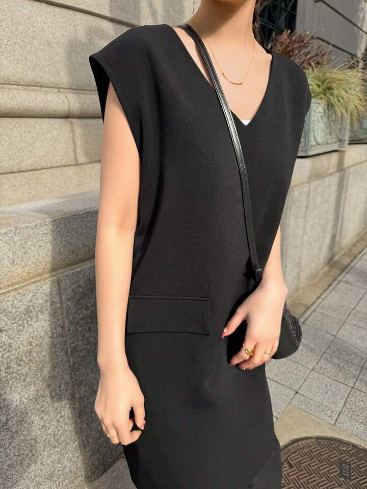 CM-DS198578 Women Casual Seoul Style Round Neck Sleeveless Mesh Patchwork Dress - Black