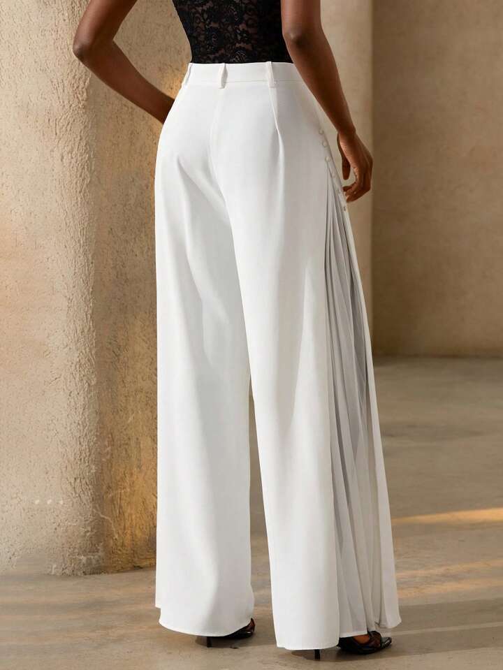 CM-BS180838 Women Casual Seoul Style Chiffon Pleated Patchwork Side Button Decor Wide Leg Pants - White